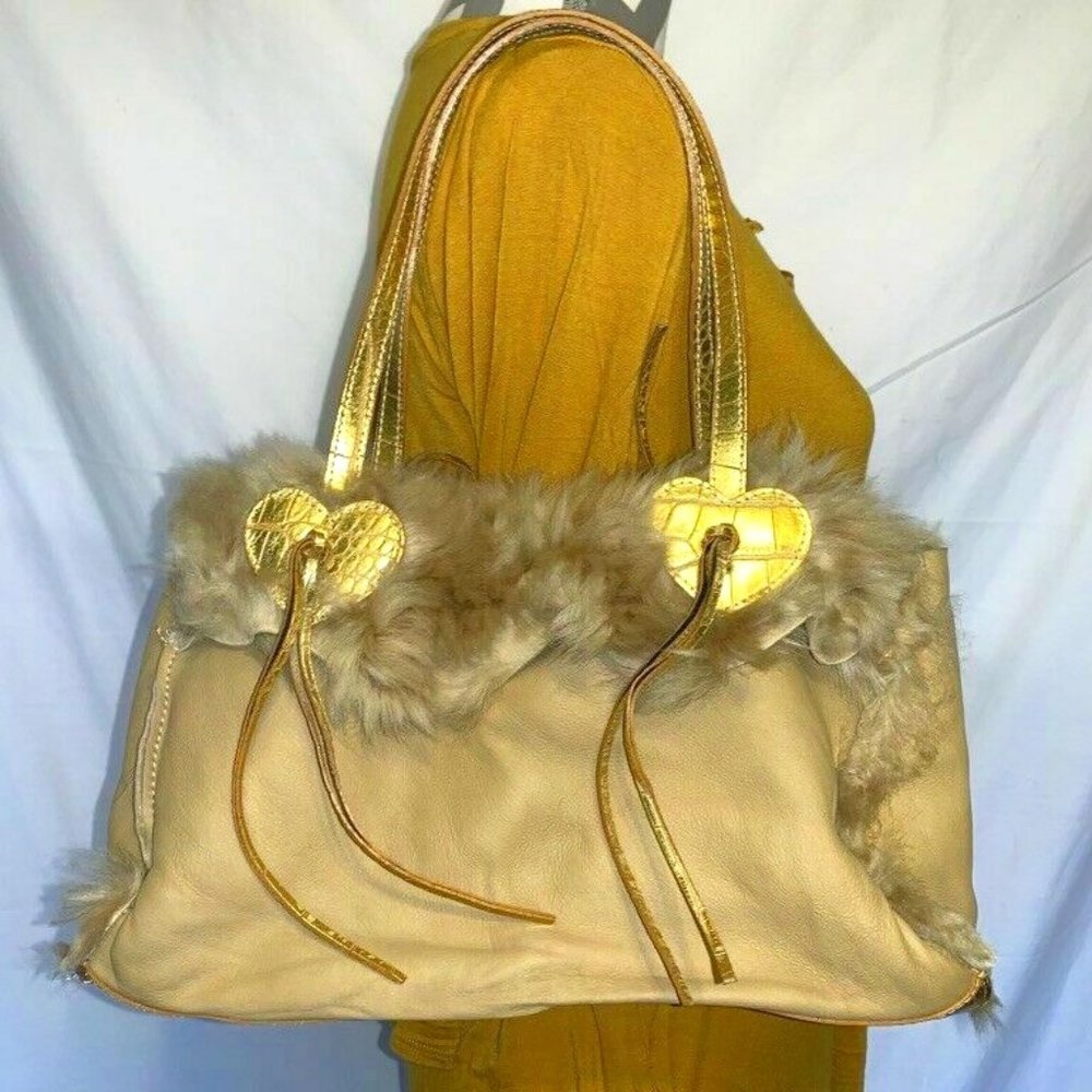 Handmade Women Tan/Gold Made of Natural Leather & Fur Shoulder Bag - Picture 1 of 9